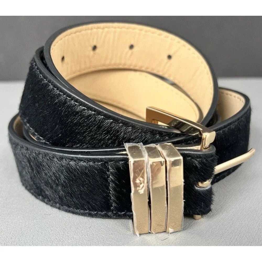 Vtg BANANA REPUBLIC COWHAIR COWHIDE WESTERN Leather Belt Woman XL Black USA